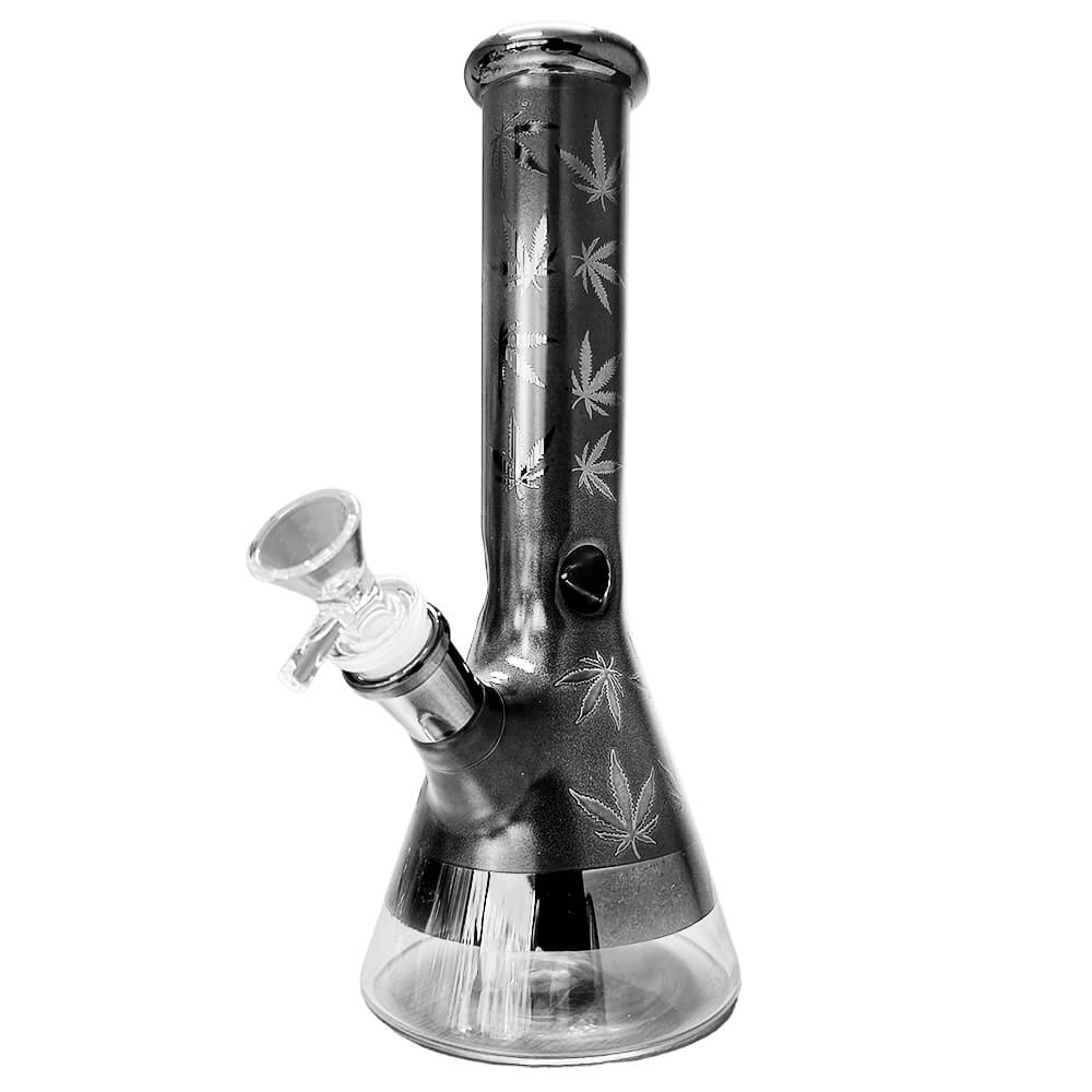Bang Black Sheep Leaves 25 cm en verre noir métallisé avec motifs feuilles de cannabis, base conique transparente et douille amovible – Holy Mary