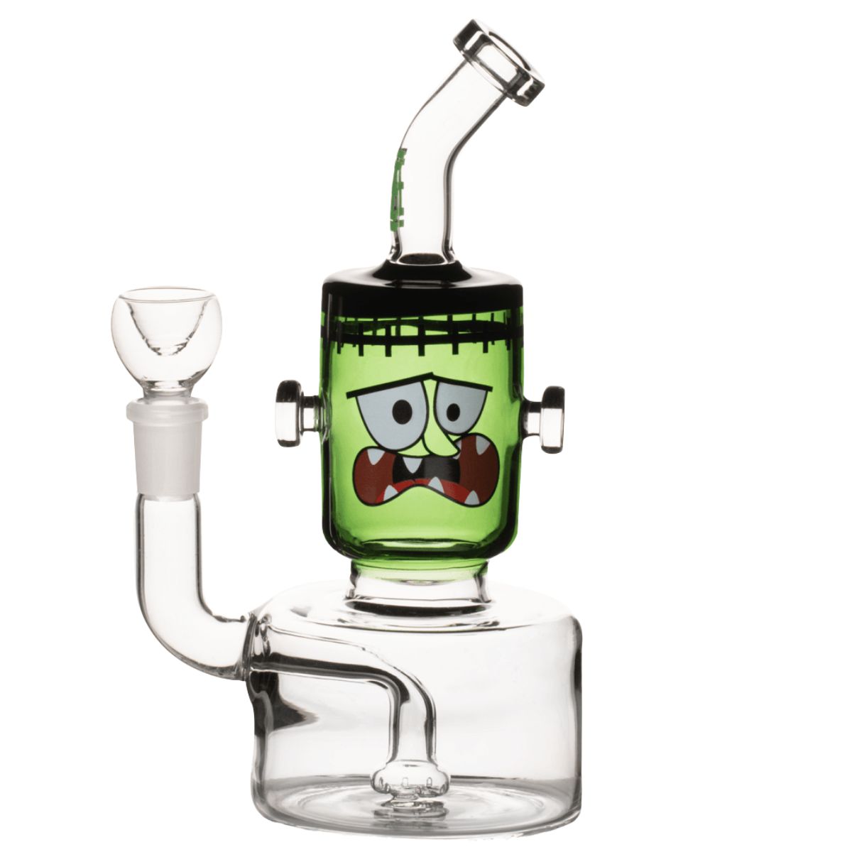 Bang en verre Hemper Dankenstein vue de face avec visage Frankenstein vert, douille et base transparente – Holy Mary
