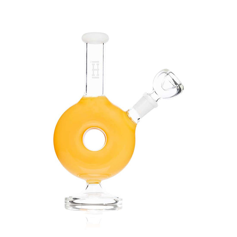 Vue arrière du bang HEMPER Donut avec corps jaune opaque, tube transparent et embout blanc