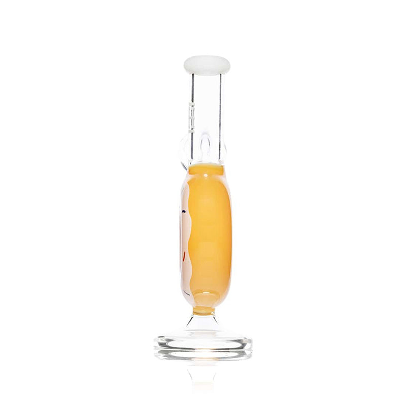 Vue de profil du bang HEMPER Donut avec corps arrondi jaune, tube transparent et pied en verre clair