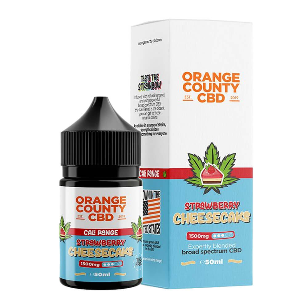 E-liquide CBD Strawberry Cheesecake 1500 mg Orange County CBD Cali Range – Flacon 50 ml saveur fraise et cheesecake, broad spectrum sans THC – Holy Mary