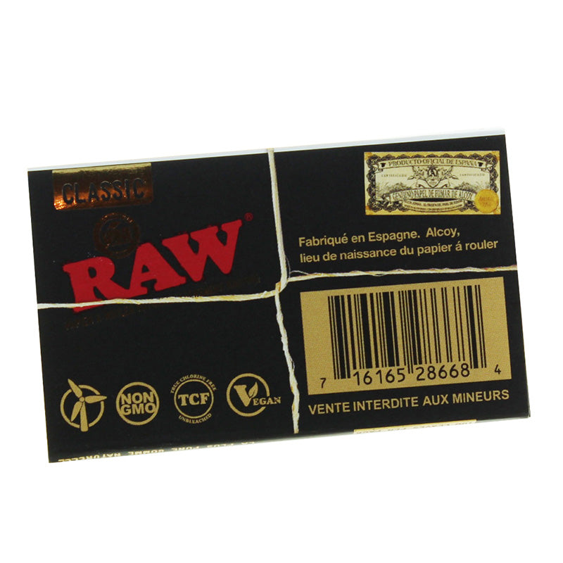 Verso du carnet RAW Black Regular Single Wide, feuilles à rouler naturelles fabriquées à Alcoy en Espagne – Holy Mary