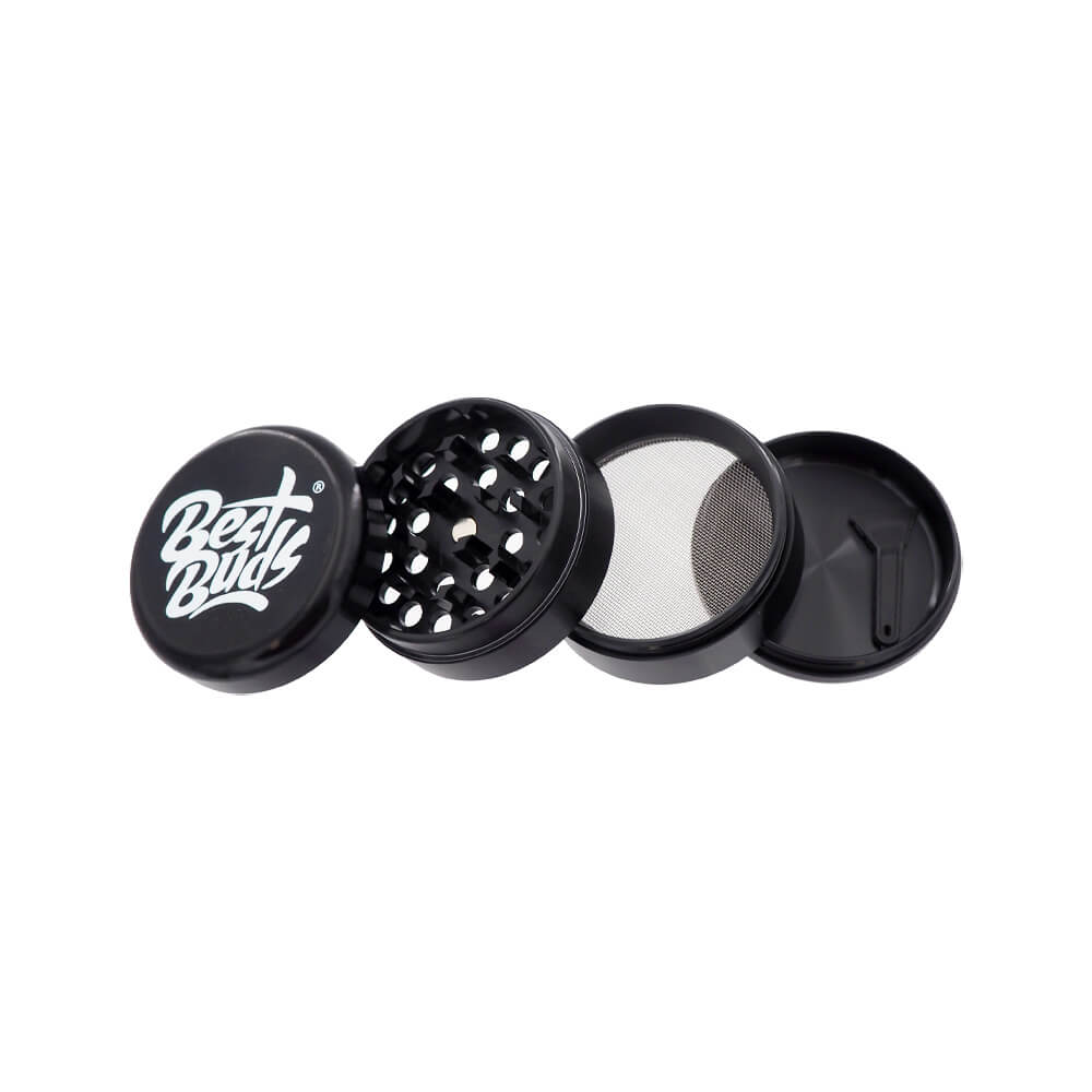 Grinder Best Buds 50 mm noir, modèle 4 parties avec dents de broyage, tamis et raclette – Holy Mary