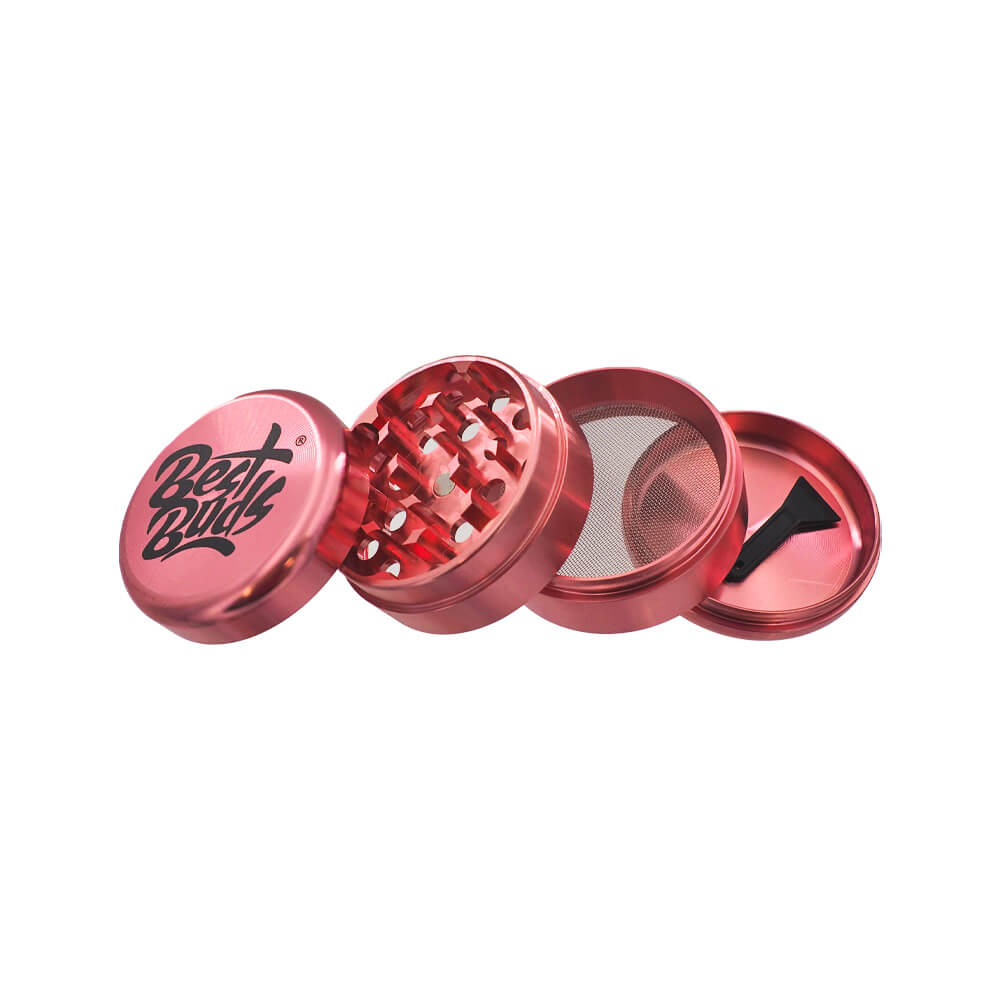 Grinder Best Buds 50 mm rose métallisé, 4 parties avec tamis de filtration et raclette – Holy Mary