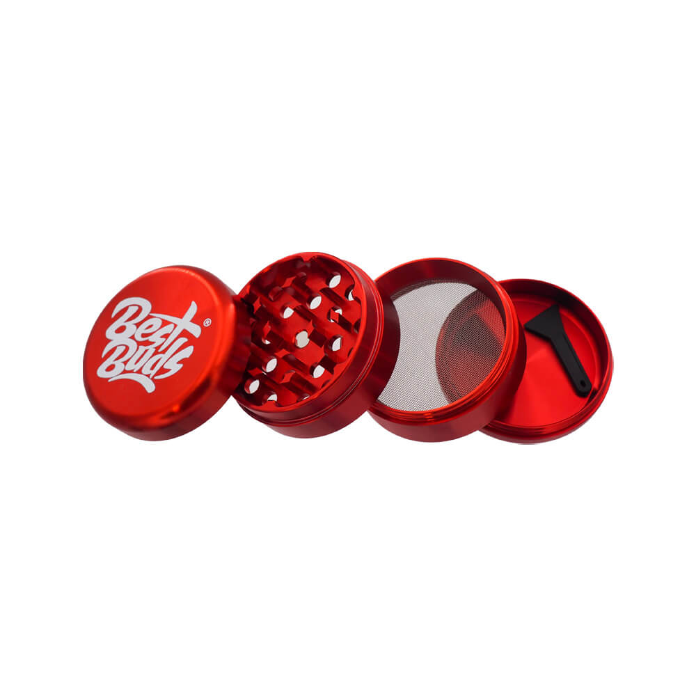 Grinder Best Buds 50 mm rouge métallisé en aluminium, démonté pour montrer ses 4 compartiments – Holy Mary