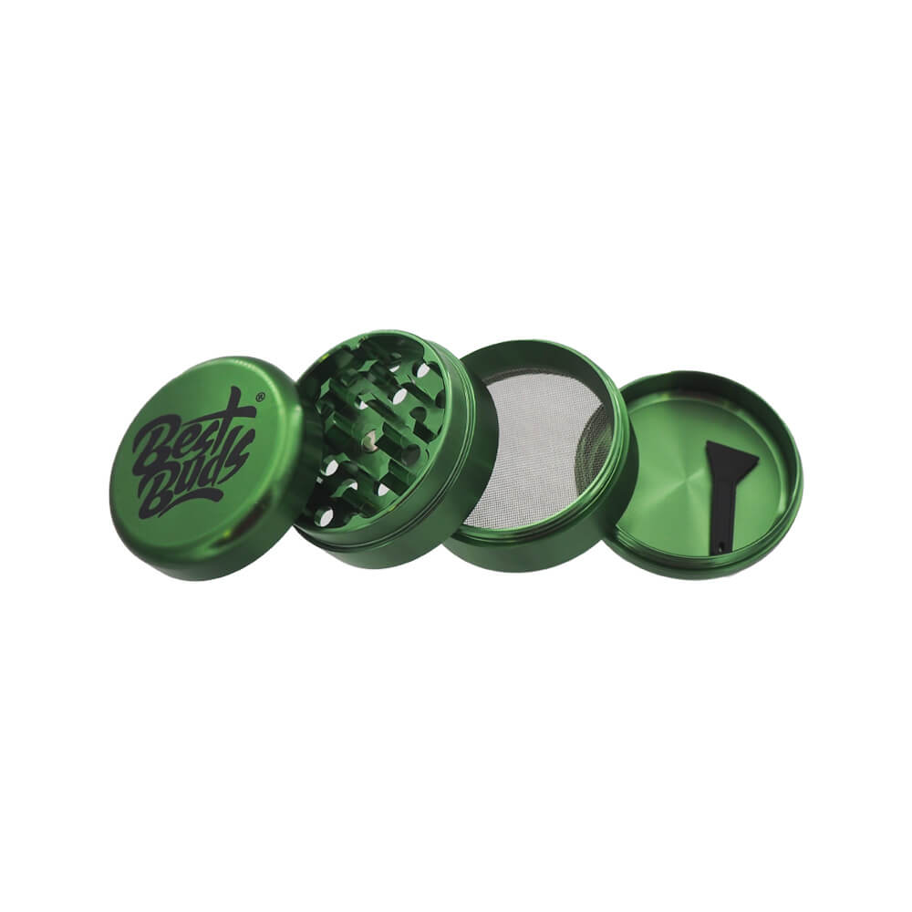 Grinder Best Buds 50 mm vert métallisé, ouvert avec dents de broyage et tamis récupérateur – Holy Mary
