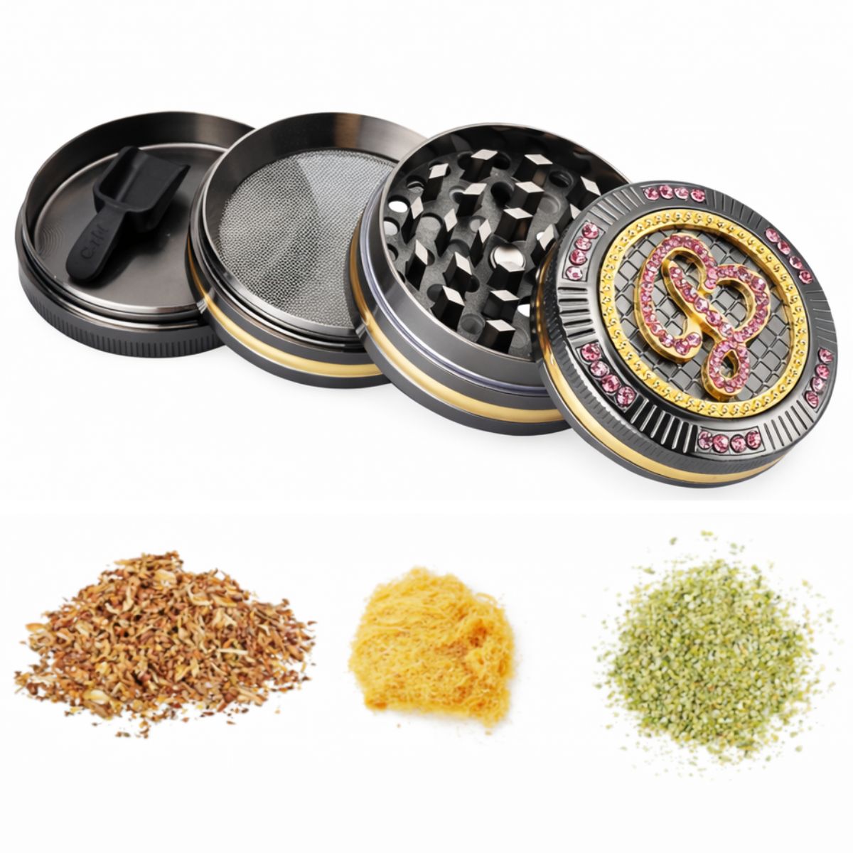 Grinder Champ High Bling Bling Girly 4 parties démontées avec dents diamant, tamis récupérateur et spatule – Holy Mary