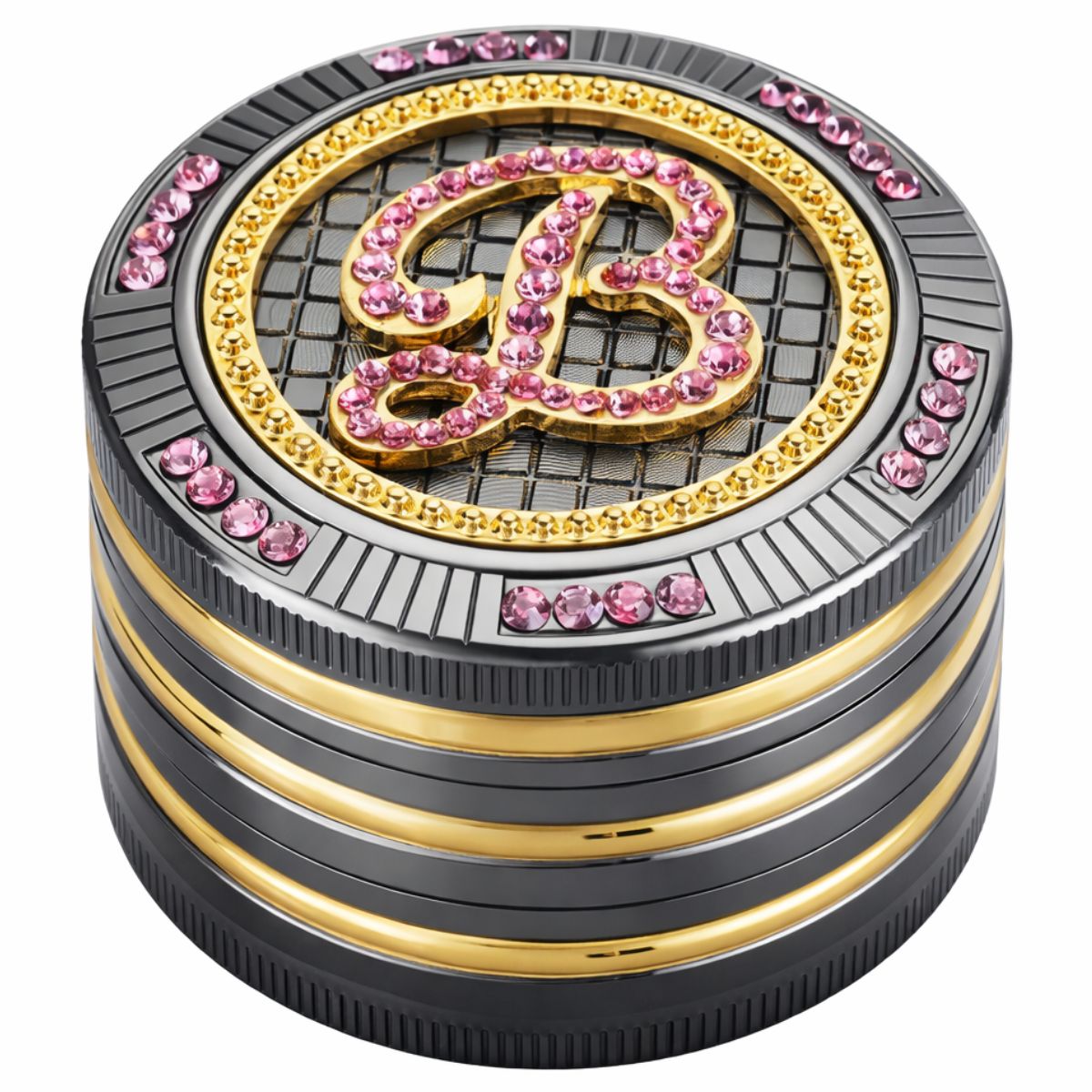 Grinder métal Champ High Bling Bling Girly 50 mm noir et doré, décoré de strass roses et d'un logo B – Holy Mary