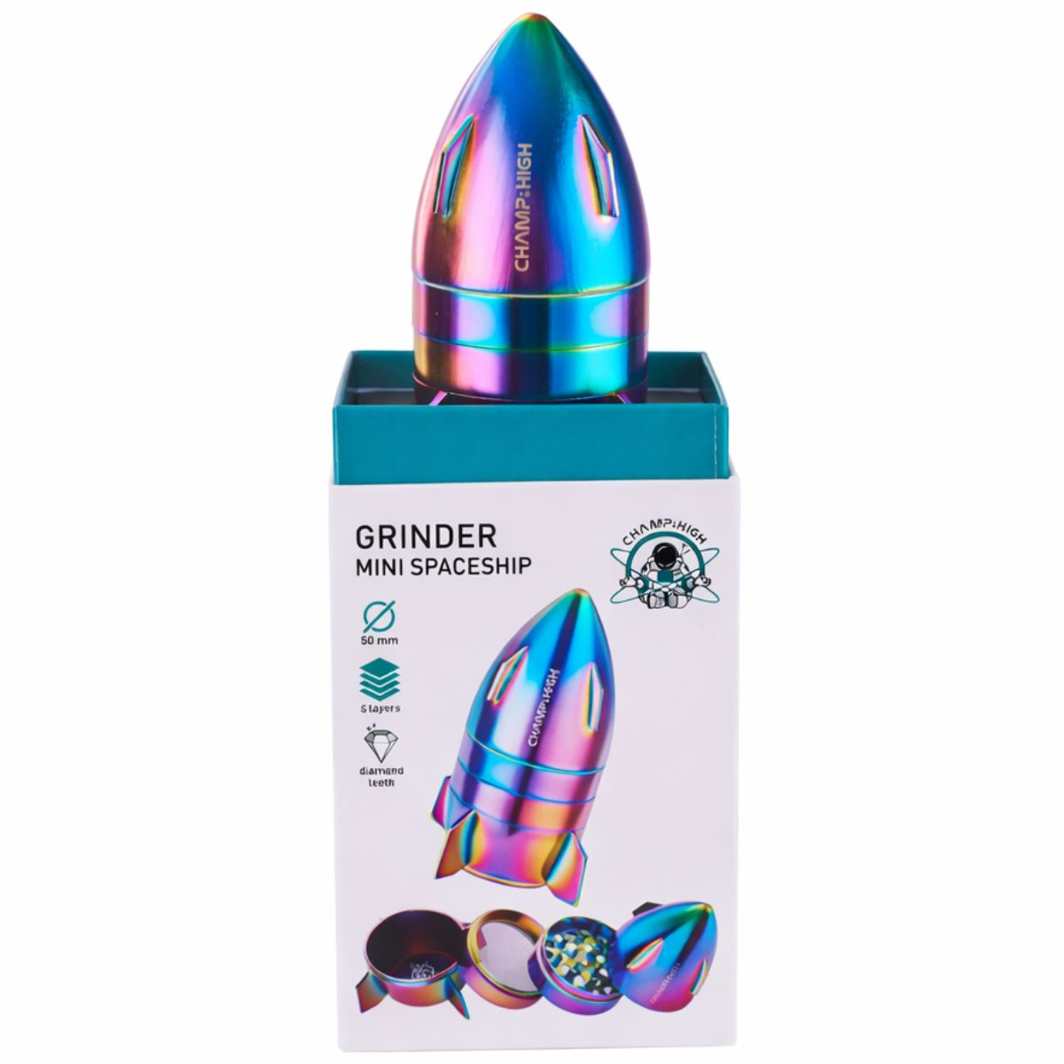 Grinder Champ High Mini Spaceship 50 mm rainbow présenté dans sa boîte avec illustration de fusée – Holy Mary