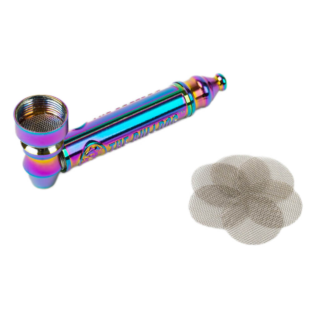 Pipe en aluminium Rainbow The Bulldog 83 mm, finition métallique irisée multicolore, avec foyer et grilles de rechange – Holy Mary
