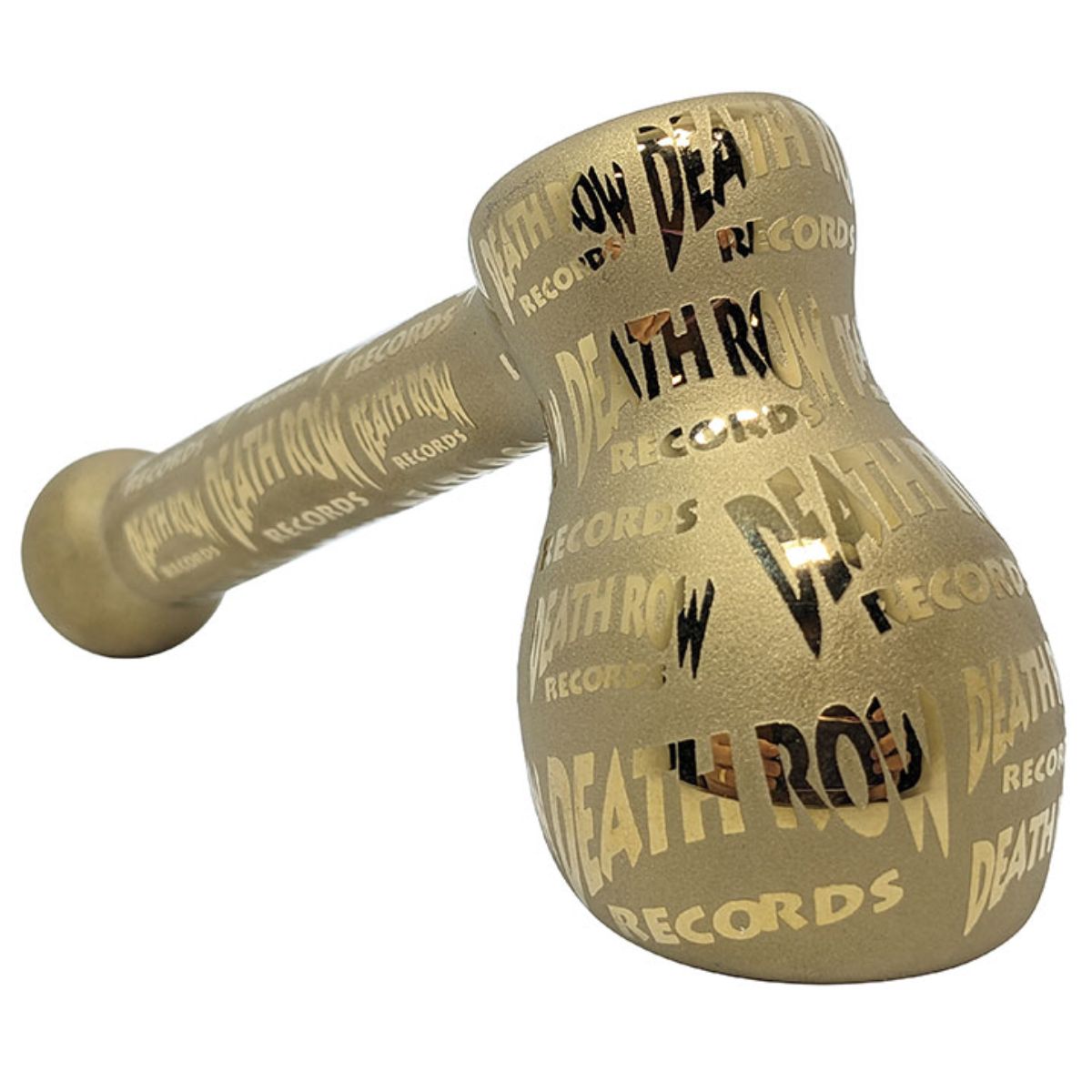 Vue arrière de la pipe à herbe Death Row Records Gold, design marteau et inscriptions dorées – Holy Mary