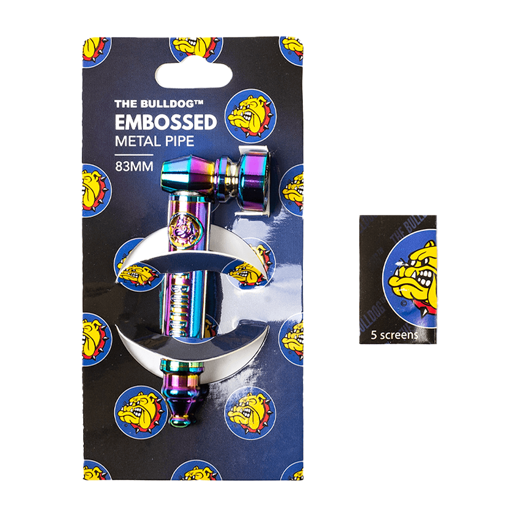 Pipe métallique Rainbow The Bulldog 83 mm dans son emballage d'origine, finition arc-en-ciel avec cinq grilles incluses – Holy Mary
