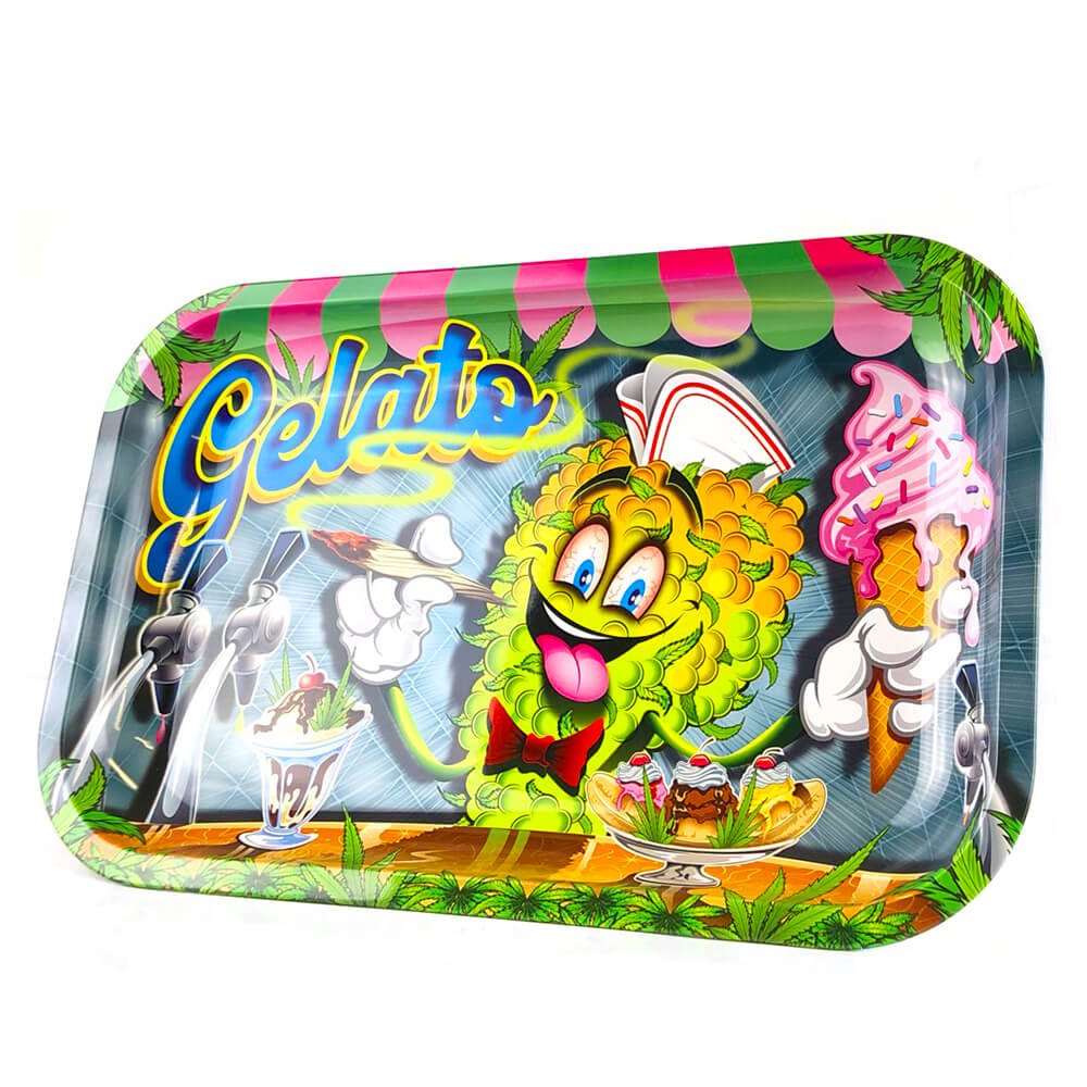 Plateau à rouler Gelato Medium en métal avec personnage fleur de cannabis cartoon, glace rose, desserts et décor multicolore – Holy Mary
