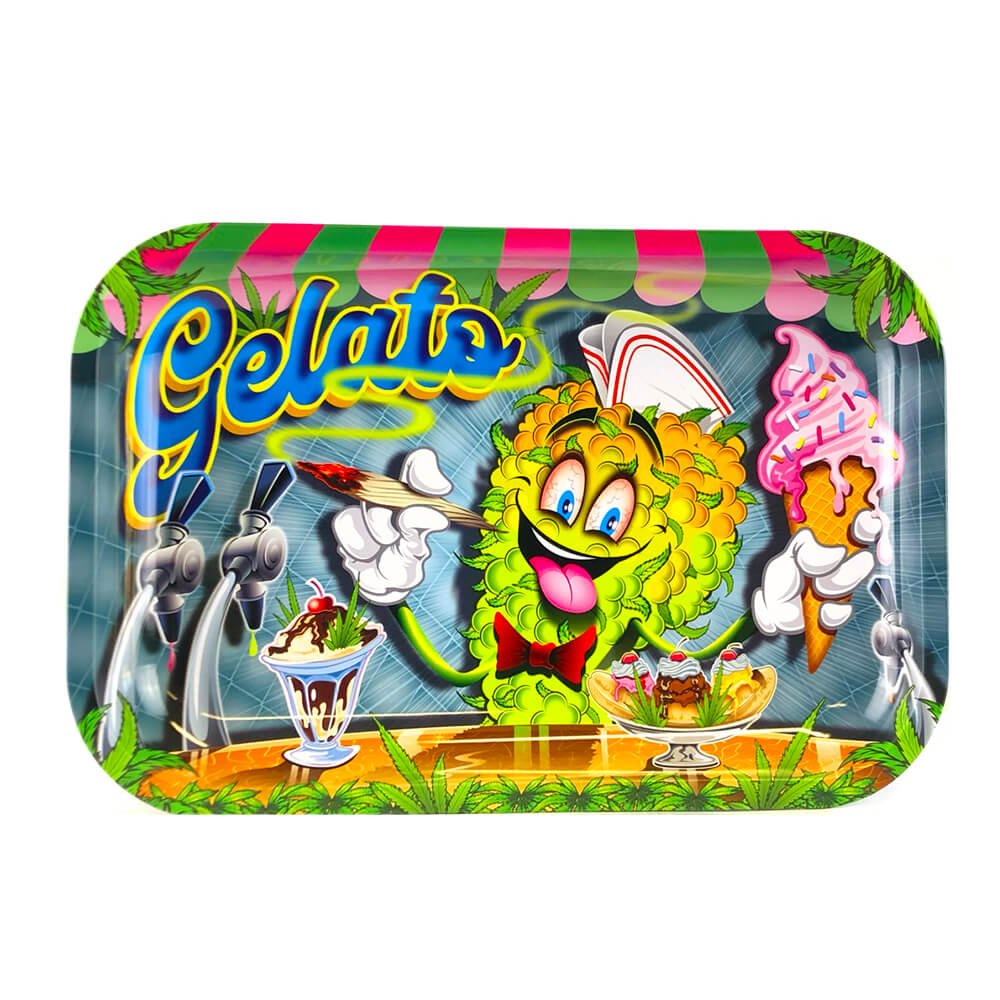 Vue de dessus du plateau à rouler Gelato Medium en métal, avec illustration cartoon d'une fleur de cannabis tenant une glace rose – Holy Mary