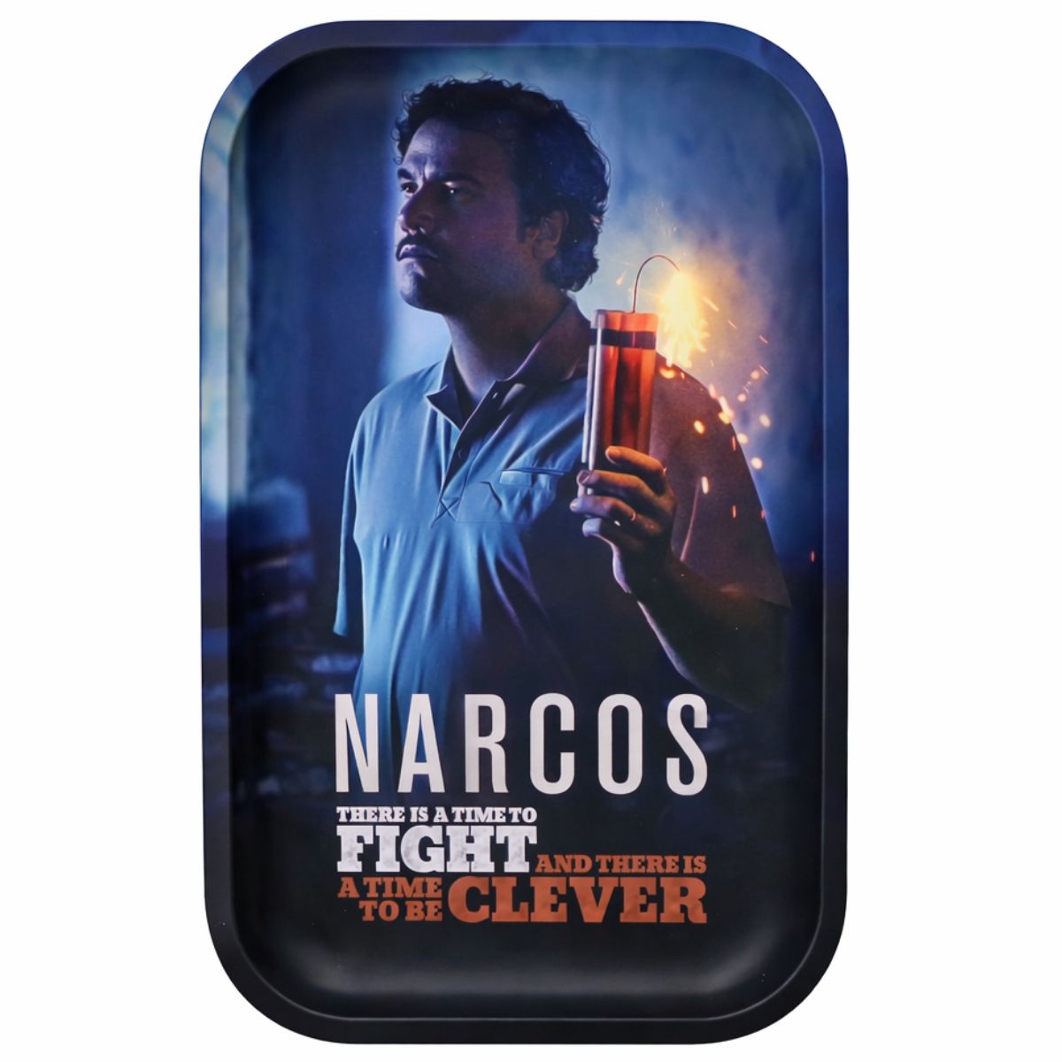 Plateau à rouler Narcos Pablo Edition taille Medium 27,5 x 17,5 cm en métal noir avec illustration Pablo Escobar, dynamite et inscription Narcos – Holy Mary