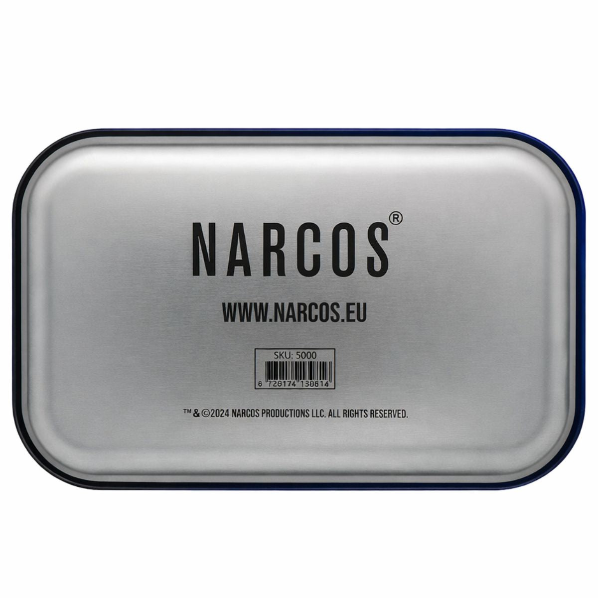 Vue arrière du plateau à rouler Narcos Pablo Edition Medium en métal argenté avec logo officiel Narcos et bordure noire – Holy Mary