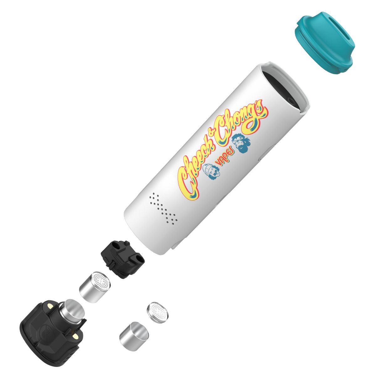 Vue éclatée du vaporisateur XVAPE Mambo Cheech & Chong avec embout, chambre de chauffe et filtres métalliques – Holy Mary