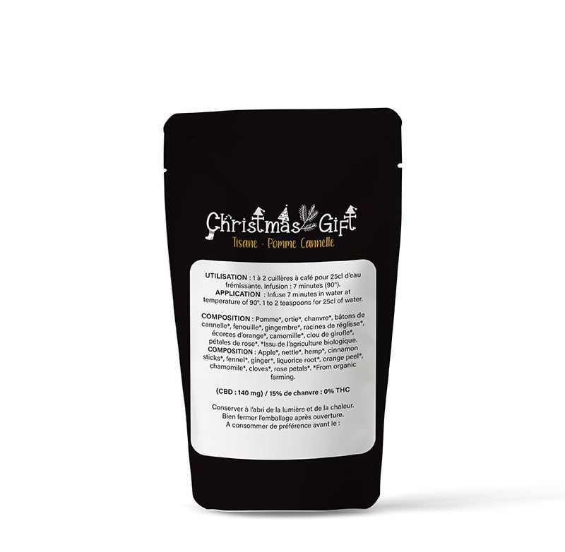 La tisane Christmas Gift d'Holy Mary est une création gourmande au doux parfum de fêtes de fin d'année. Enroulez vous dans vôtre plaid et laissez vous emporter par les parfums dominant de pomme, d'écorce d'orange et de cannelle. La détente est assurée par le chanvre et la camomille. A partager sans modération!