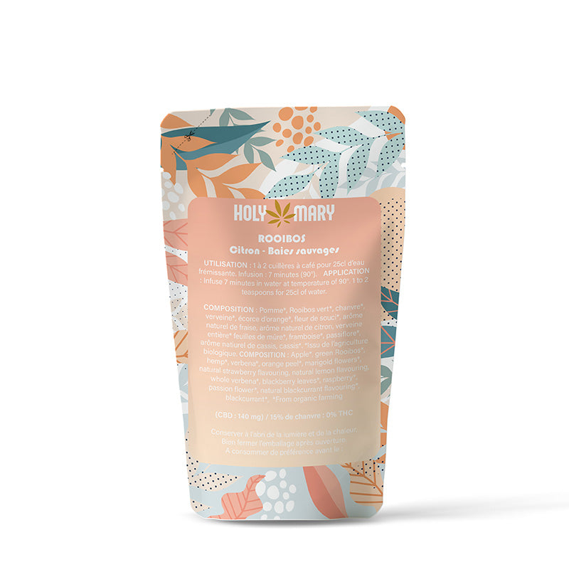 Le fameux buisson rouge débarque chez Holy Mary et c'est tout naturellement que nous vous proposons notre Rooibos CBD! Connu pour favoriser le sommeil et lutter contre les insomnies, il est ici associé au chanvre CBD, à la fleur de soucis, à la verveine et à la passiflore, connues elles aussi pour leurs vertus apaisantes.