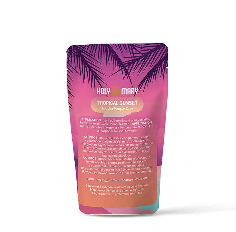 Besoin d'exotisme et de détente? La tisane CBD Tropical Sunset d'Holy Mary est faite pour vous! Un délicieux mélange de mangue, de coco, de papaye et d'hibiscus vous feront voyager vers les tropiques! Installez vous sur votre transat et laissez vous emporter par les pouvoirs du chanvre et des fleurs de soucis et de bleuet. Relaxation assurée!