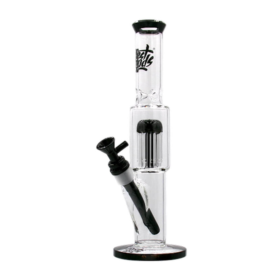 Vue arrière du bang Best Buds 33 cm en verre transparent avec double chambre, percolateur intégré et accessoires noirs – Holy Mary