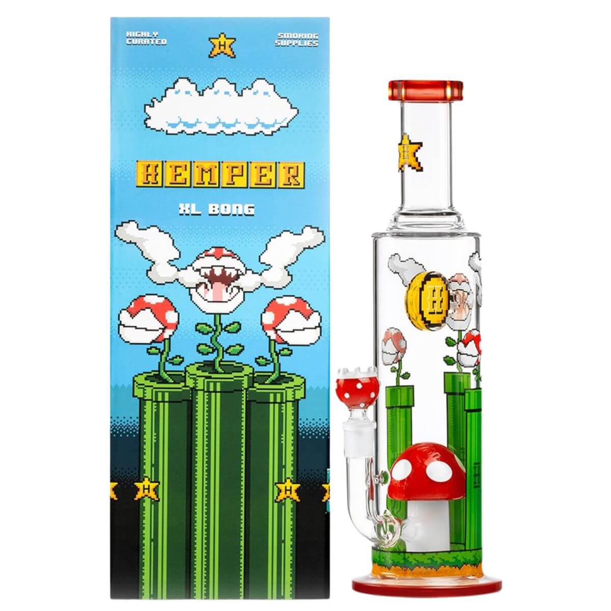 Bang Hemper Gaming Flower XL avec sa boîte illustrée style jeu vidéo rétro, champignons et tuyaux verts – Holy Mary