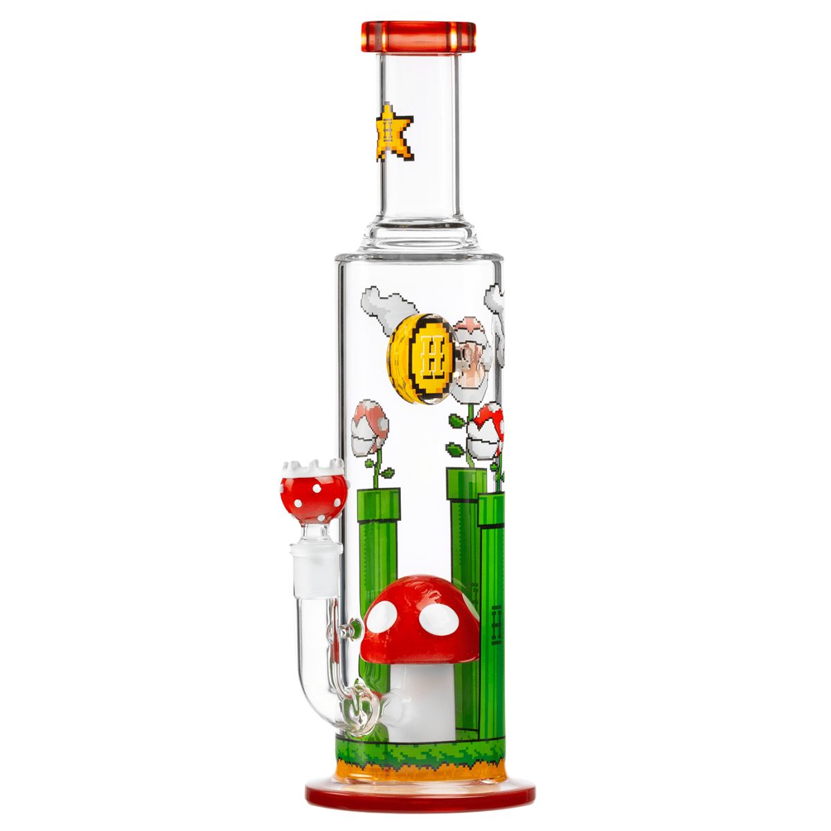 Bang Hemper Gaming Flower XL en verre avec champignon rouge, tuyaux verts et décor pixel art rétro – Holy Mary