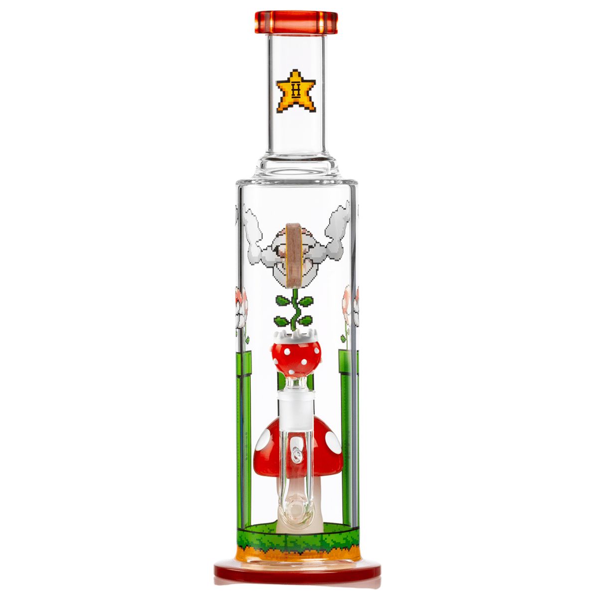 Bang en verre Hemper Gaming Flower XL vue de face avec douille champignon rouge et décor de jeu vidéo – Holy Mary