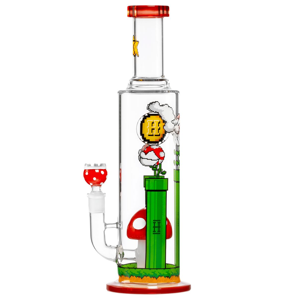 Vue latérale du bang Hemper Gaming Flower XL avec champignon en verre rouge et motifs de plantes pixelisées – Holy Mary