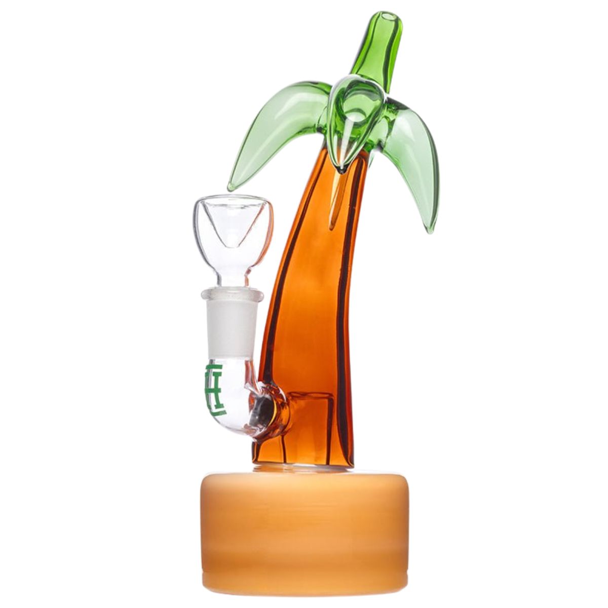 Bang Hemper Palm Tree en verre en forme de palmier avec tronc orange, feuilles vertes et douille transparente – Holy Mary