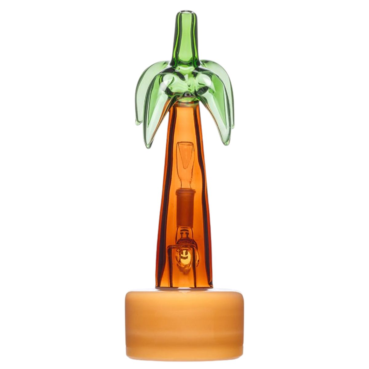 Vue arrière du bang Hemper Palm Tree en verre avec base orange, tronc de palmier et feuillage vert transparent – Holy Mary