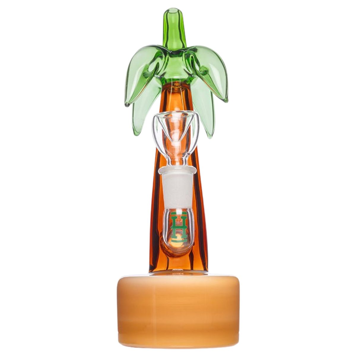 Bang en verre Hemper Palm Tree vue de face avec palmier tropical orange et vert et douille amovible – Holy Mary