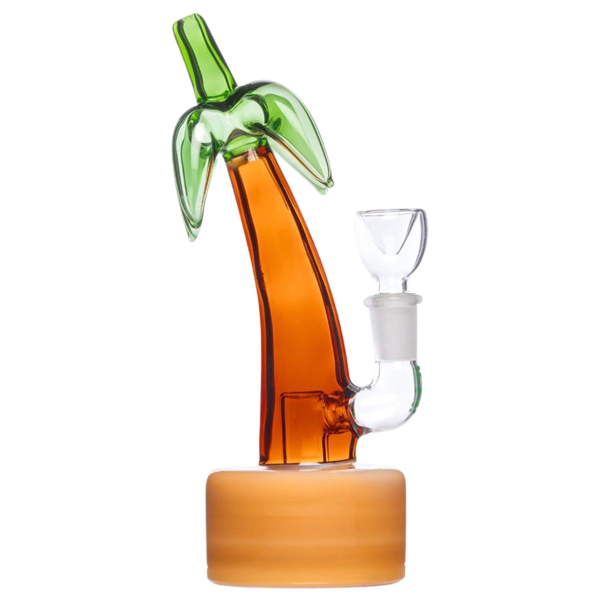 Vue latérale du bang Hemper Palm Tree avec tronc de palmier courbé en verre orange et feuilles vertes – Holy Mary