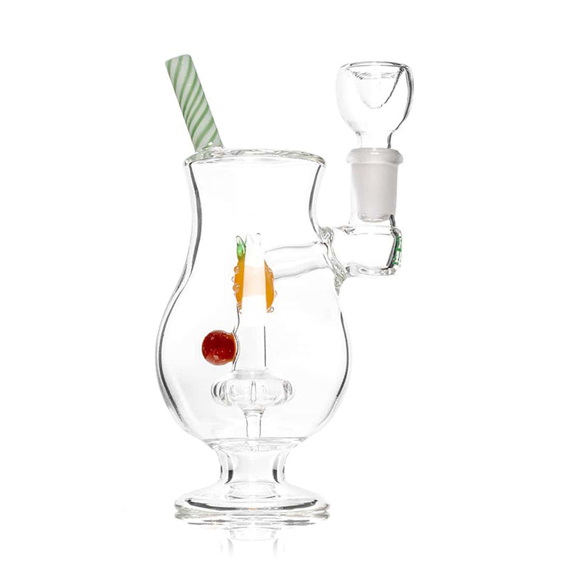 Vue arrière du bang HEMPER Piña Colada avec paille rayée, percolateur Showerhead et décors fruités en verre
