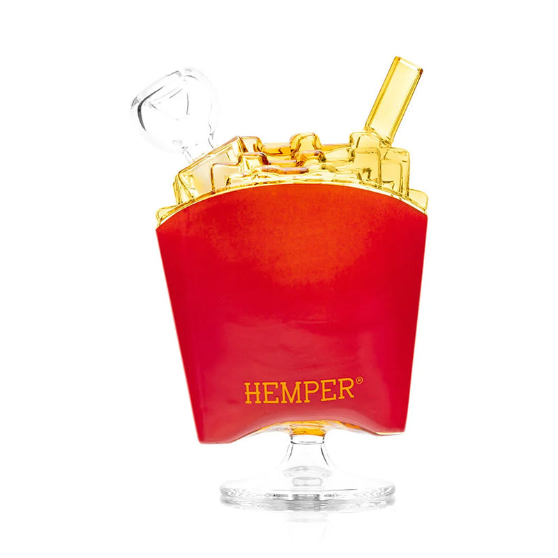 Vue arrière du bang HEMPER Weedonald’s French Fry avec le marquage HEMPER sur le cornet rouge
