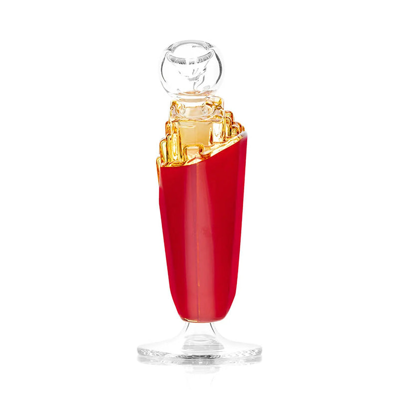 Vue latérale du bang HEMPER Weedonald’s French Fry avec son foyer transparent et son pied en verre clair
