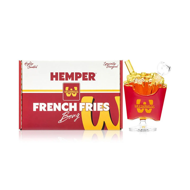 Bang HEMPER Weedonald’s French Fry rouge et jaune présenté avec sa boîte French Fries
