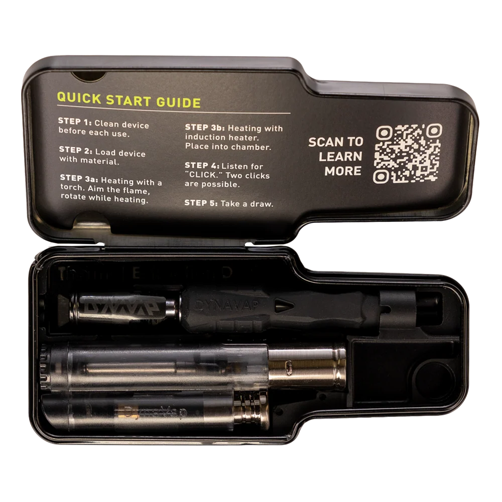 Coffret DynaVap B2 Stealth ouvert avec vaporisateur noir, accessoires et guide de démarrage – Holy Mary
