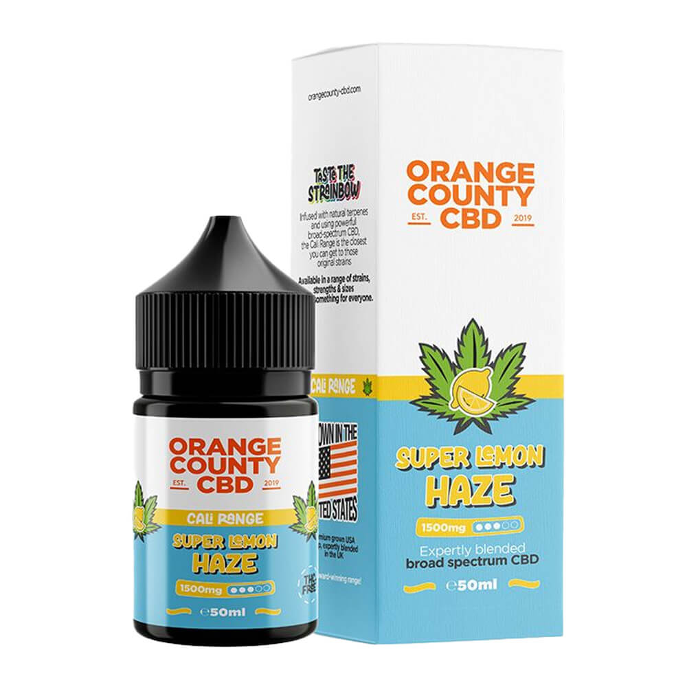 E-liquide CBD Super Lemon Haze 1500 mg Orange County CBD Cali Range – Flacon 50 ml saveur citronnée avec boîte – Holy Mary