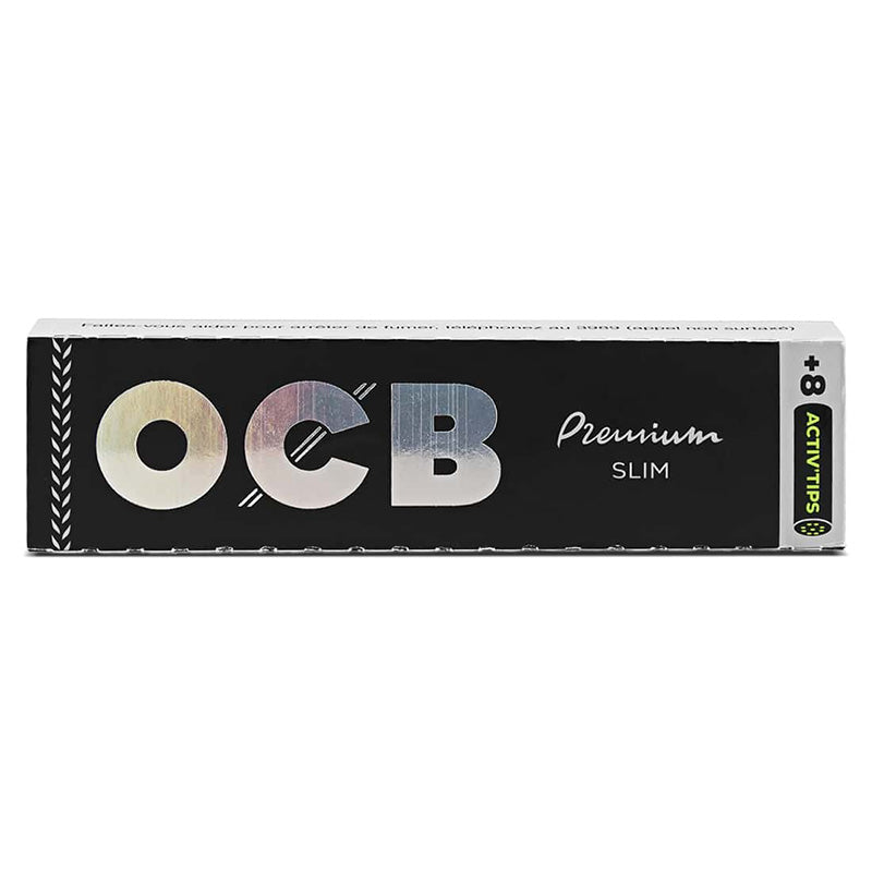 Vue du carnet OCB Slim Premium + Activ’ Tips fermé, avec son habillage noir, son logo holographique et la mention des huit filtres inclus.