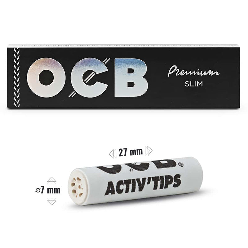 Carnet OCB Slim Premium + Activ’ Tips avec un filtre de 27 mm de long et 7 mm de diamètre
Description photo : Présentation du carnet OCB Slim Premium + Activ’ Tips et des dimensions du filtre au charbon actif : 27 mm de longueur et 7 mm de diamètre.