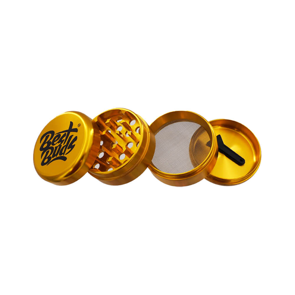 Grinder Best Buds 50 mm doré en aluminium, 4 parties démontées avec tamis récupérateur et raclette – Holy Mary