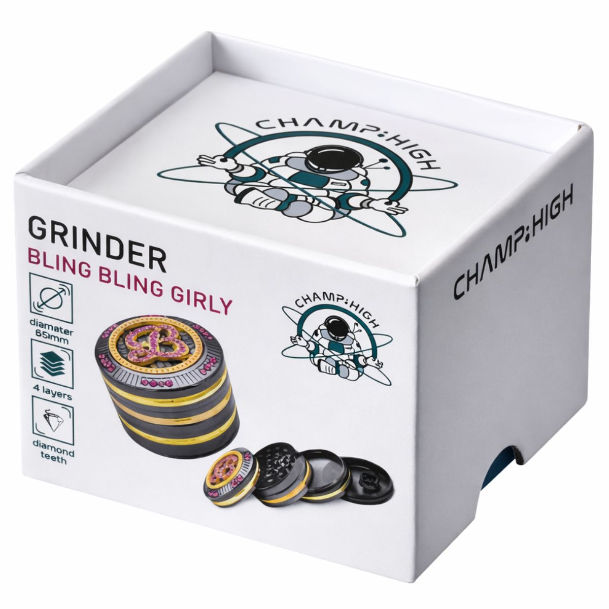 Grinder Champ High Bling Bling Girly 50 mm en métal, 4 parties avec dents diamant et boîte illustrée – Holy Mary