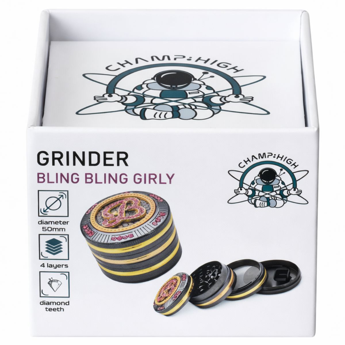Boîte du grinder Champ High Bling Bling Girly 50 mm avec illustration du modèle noir et doré à 4 parties – Holy Mary