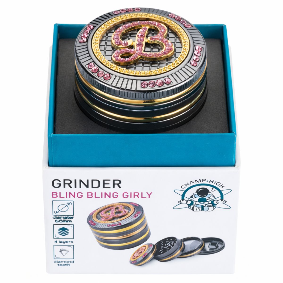 Grinder Champ High Bling Bling Girly 50 mm présenté dans son coffret, finition noire et dorée avec strass roses – Holy Mary