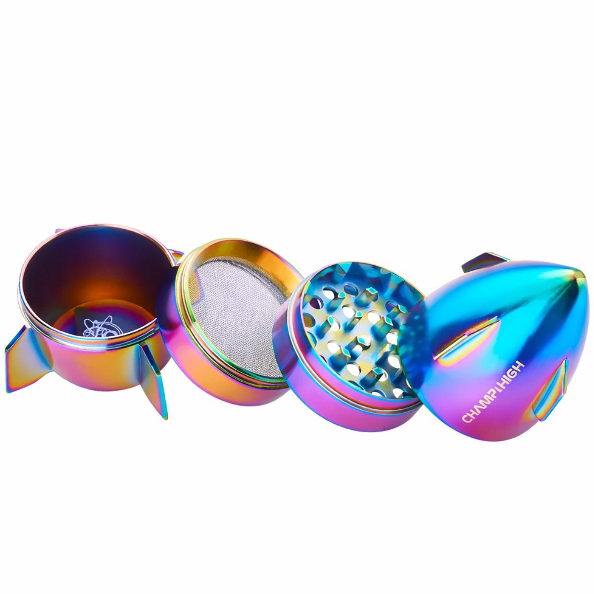 Grinder Mini Spaceship Champ High démonté en 4 parties avec dents diamant, tamis récupérateur et finition rainbow – Holy Mary