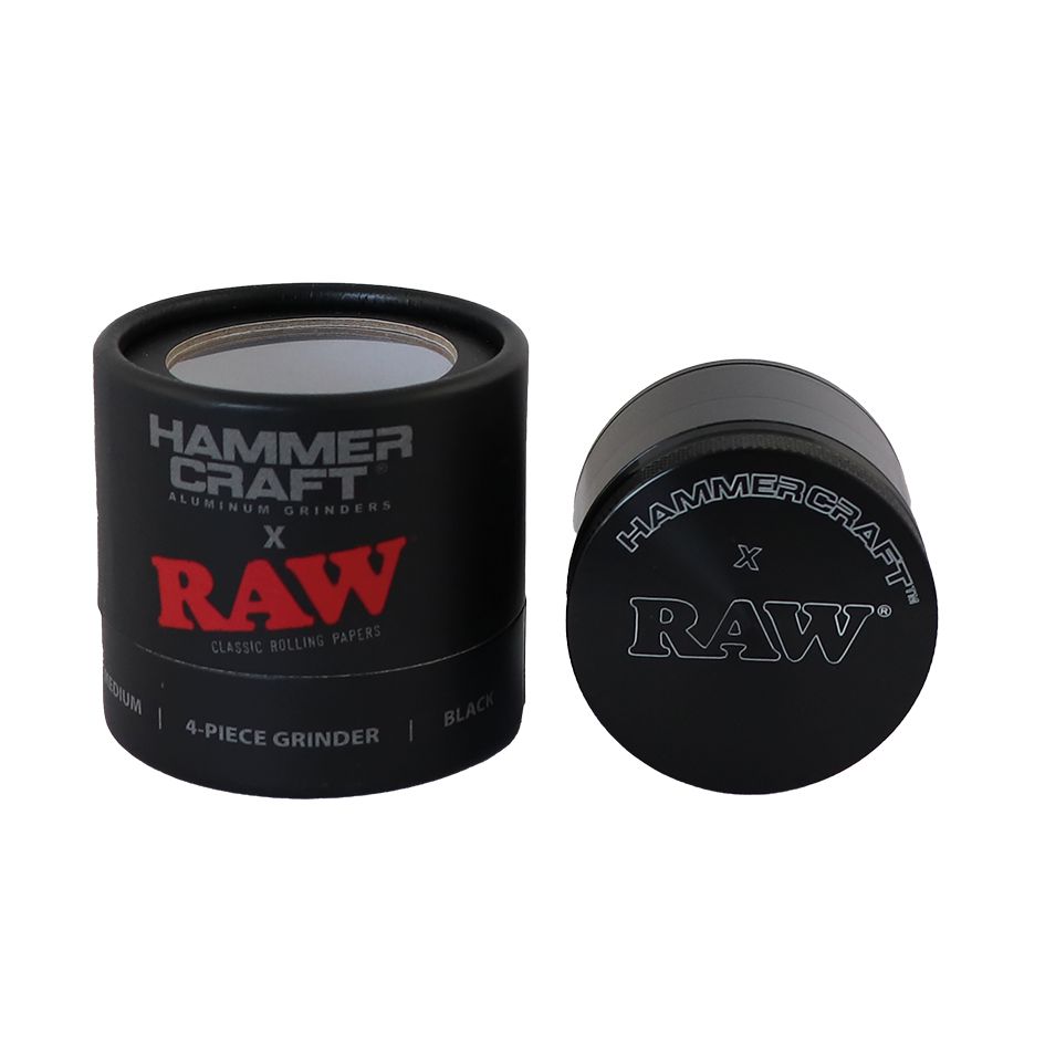 Grinder RAW x Hammercraft 55 mm en aluminium noir, modèle 4 parties avec emballage officiel – Holy Mary