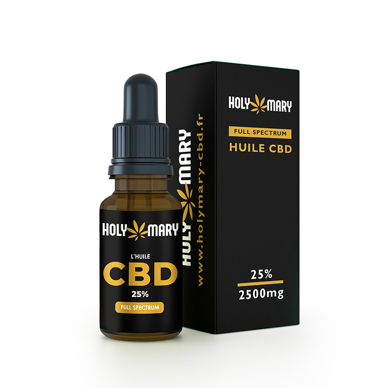 Flacon d’Huile CBD Full Spectrum 25 % Holy Mary, cosmétique suisse de massage cutané, 2 500 mg de CBD pour 10 ml