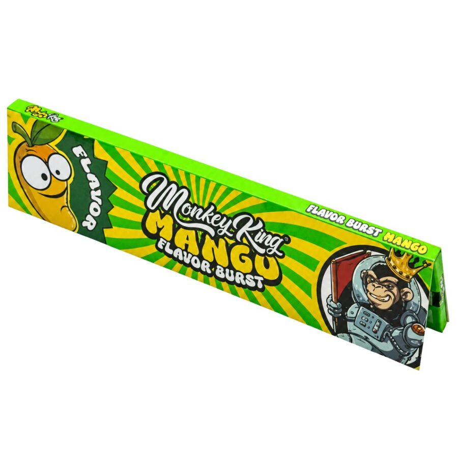 Feuilles à rouler Monkey King Mango Flavor Burst au goût mangue, format King Size, paquet vert et jaune – Holy Mary