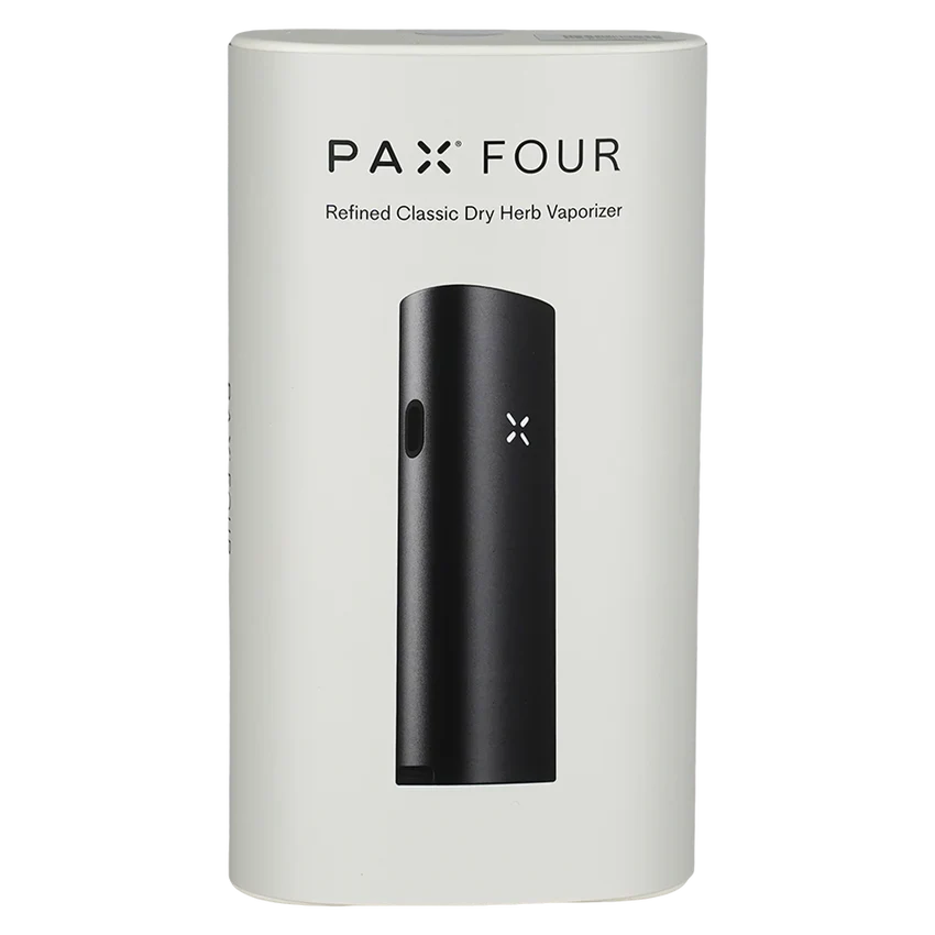 Boîte du vaporisateur PAX Four Onyx noir pour herbes sèches avec visuel du produit – Holy Mary